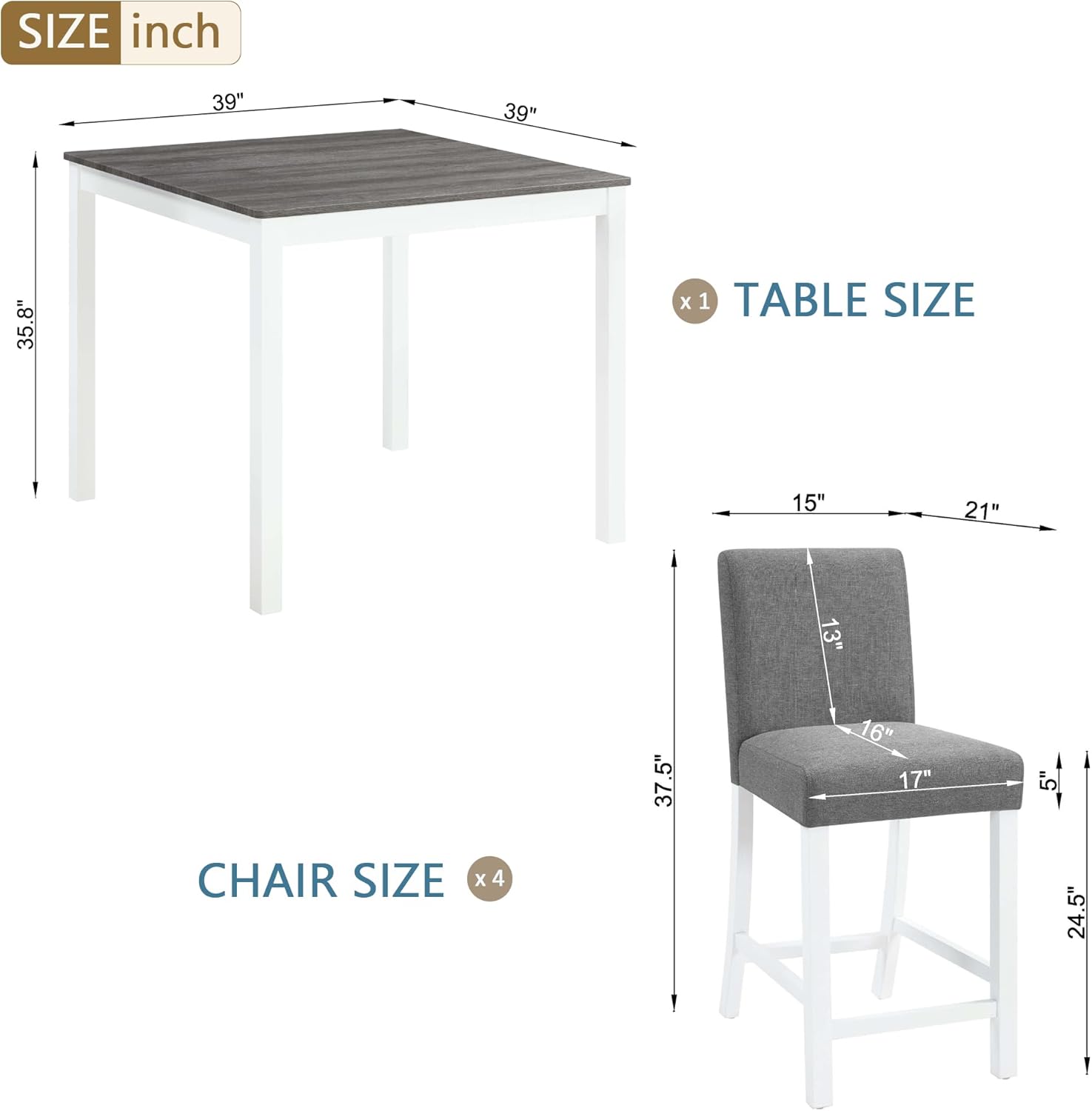LUMISOL 5-Piece Dining Table Set, Farmhouse Counter Height Dining Table Set with 4 Upholstered Chairs, Wooden Table and Chairs Set for Kitchen, Dining Room, Grey+White