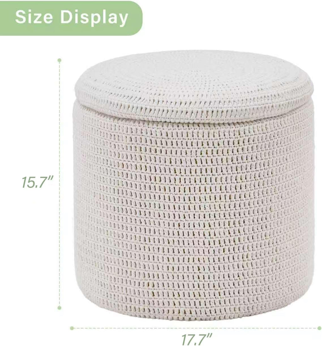 Wimarsbon Pouf Ottoman, 100% Cotton Knitted Boho Footstool, Round Footrest with Non-Skid Wood Legs, Home Décor Handmade Pouffe, Leisure Floor Step Stool for Living Room (18inch White Storage Ottoman)