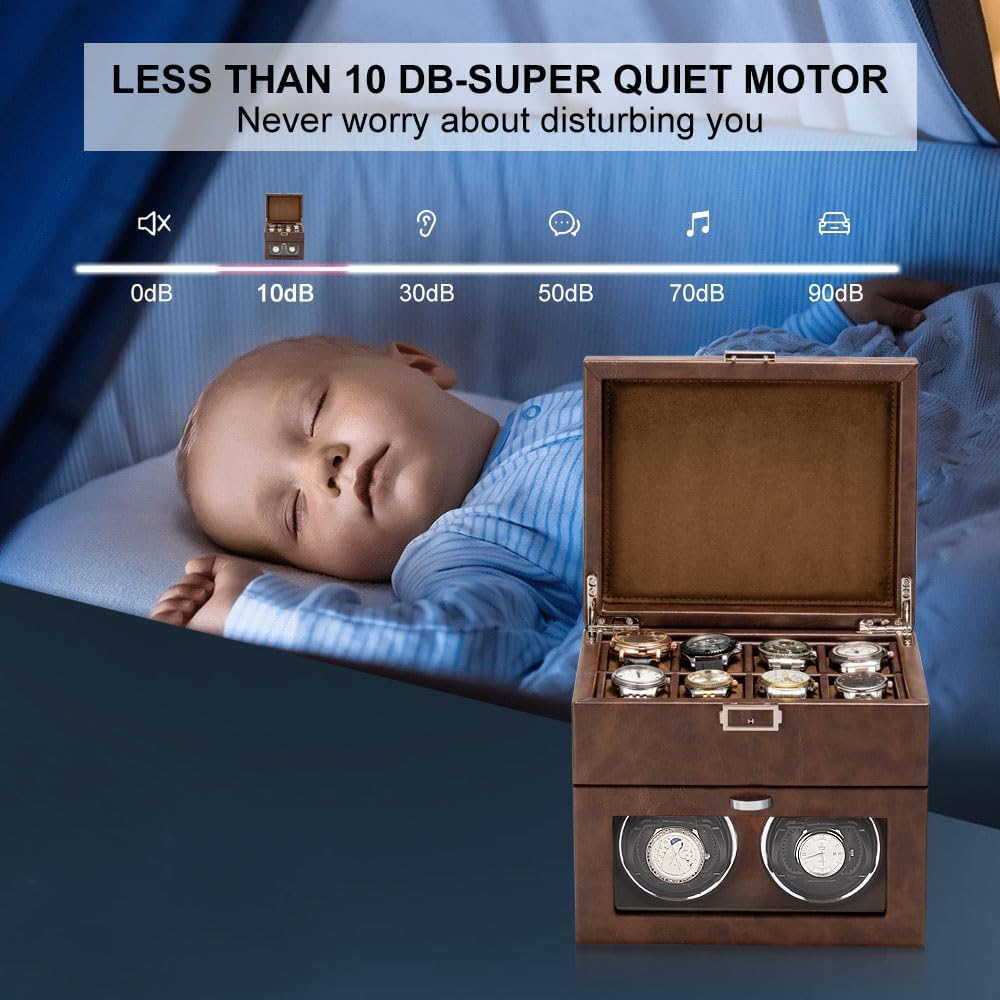 Anyasun Automatic Watch Winder,Double Watch Winder and 8 Extra Storage Display Box with LED Light,Japanese Quiet Motor,Adjustable Watch Pillows,AC Adapter,Father's Day Gift for Men