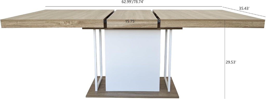 78.74'' Extendable Rectangular Dining Table for 4-8, Modern Mid-Century Wood Expandable Kitchen Dinner Conference Table for Living Room Office, Widen Pedestal Base, White & Oak