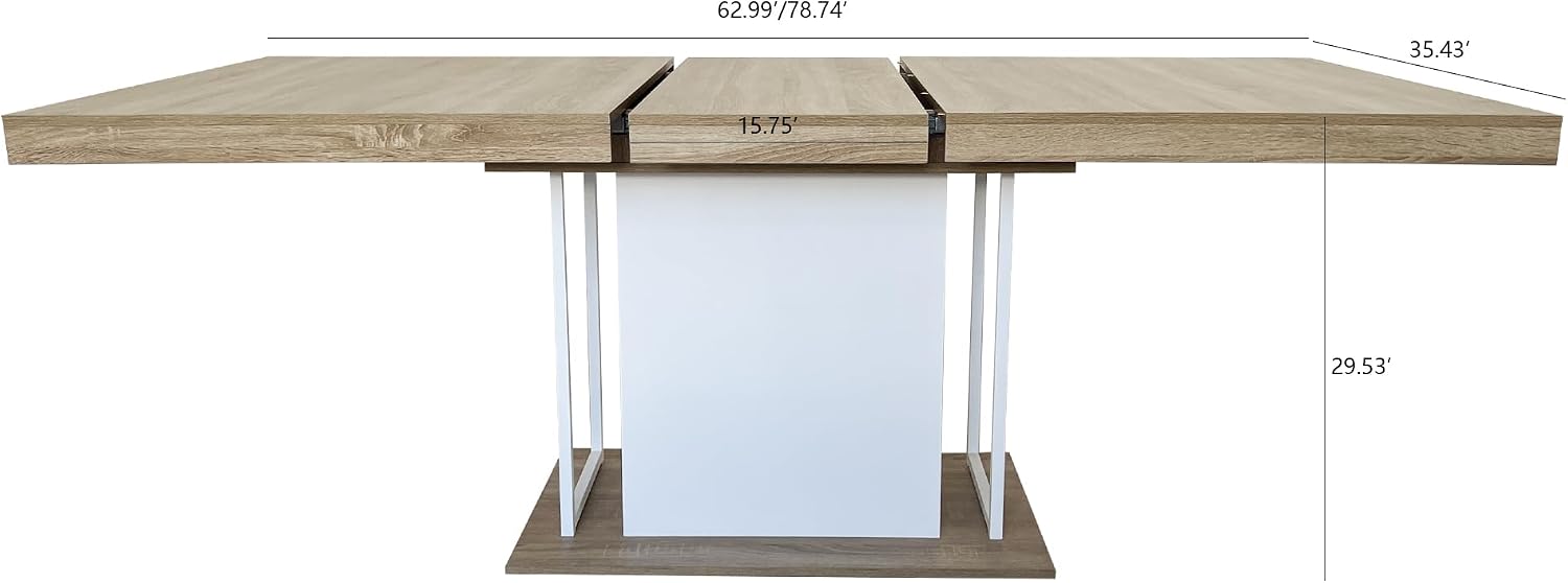 78.74'' Extendable Rectangular Dining Table for 4-8, Modern Mid-Century Wood Expandable Kitchen Dinner Conference Table for Living Room Office, Widen Pedestal Base, White & Oak