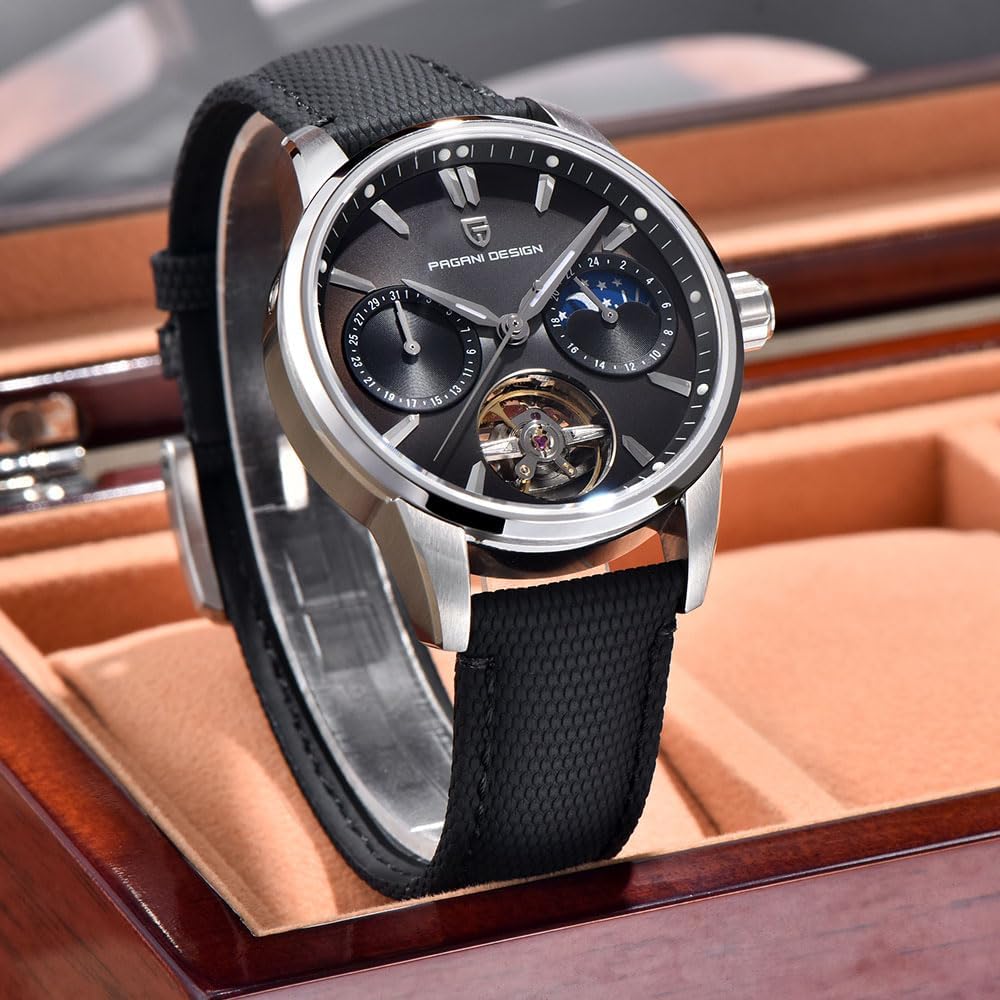 Pagani Design Luxury Men's Automatic Watch Skeleton Tourbillon Moon Phase Stainless Steel 100m Waterproof Leather Strap Men's Mechanical Watch