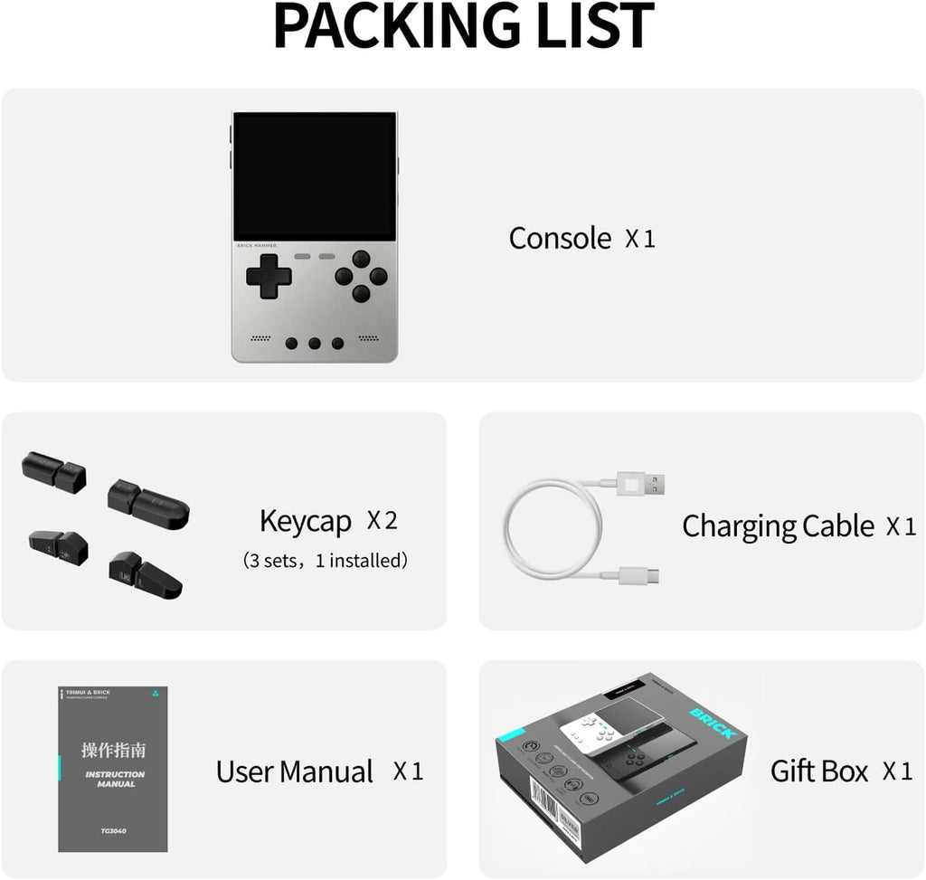 Trimui Brick Hammer Handheld Game Console,3.2 Inch IPS Classic System and 3000mAh Battery Retro Video Games Consoles,with 64G TF Card and Wireless Networt Console Casual Game Console(Silver)