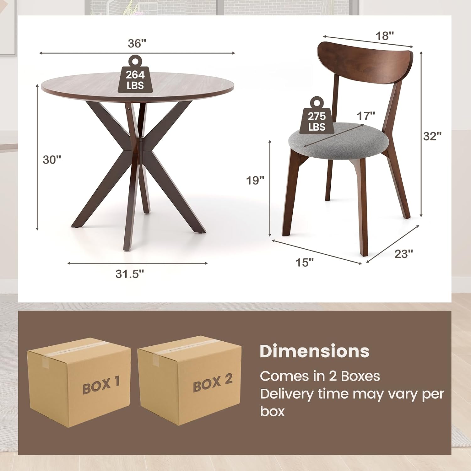ERGOMASTER 3-Piece Dining Table Set for 2, 36' Kitchen Round Table with 2 Chairs, Rubber Wood Legs, Brown