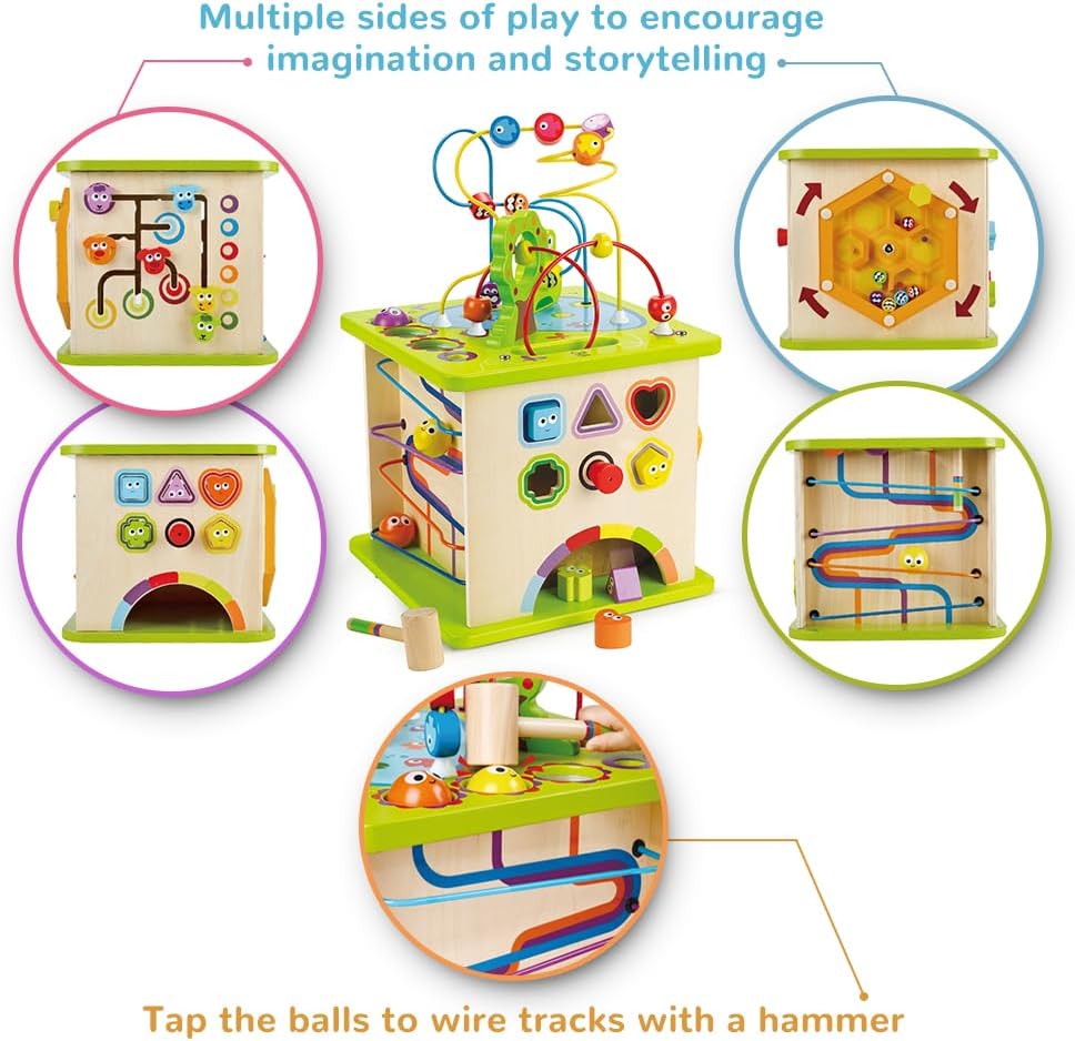 Hape Country Critters Play Cube| Wooden Learning Puzzle Toy for Toddlers, 5-Sided Activity Centre with Animal Friends, Shapes, Mazes, Wooden Balls, Shape Sorter Blocks and More