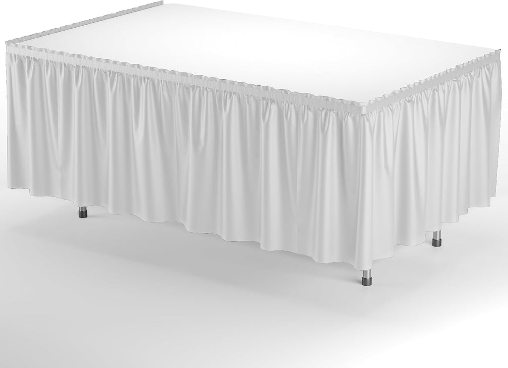 Exquisite Ruffle Table Skirt White 48 Pack 14 Ft Long Table Skirts for Rectangle Tables 6ft Plus or Round Tables Skirts with Adhesive Strip for Gender Reveal Decor & Happy Birthday Parties