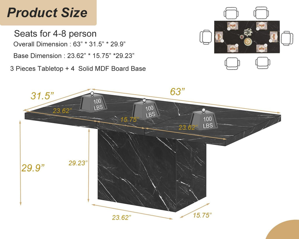 HSH Black Faux Marble Dining Table, 63 inch Modern Dinner Table for 6 Person, Farmhouse Rectanglur Kitchen Table for Living Room, Long Wood Dining Room Tables with strong Pedestal, Black Marble, 63 In