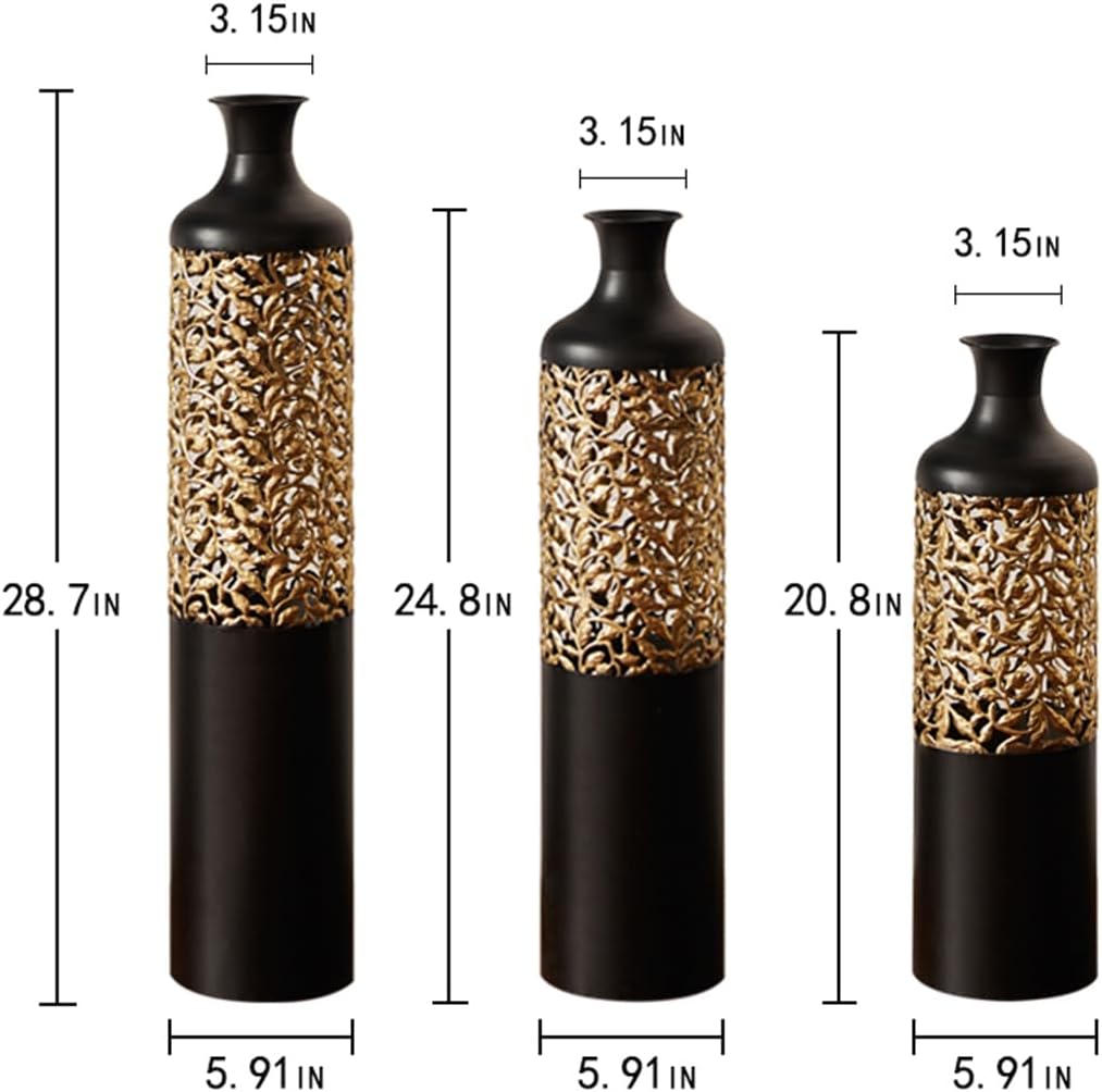 Floor Metal Decorated Vases Set of 3 for Gorgeous Home Decoration Large Glazed Metal Vases (Black)