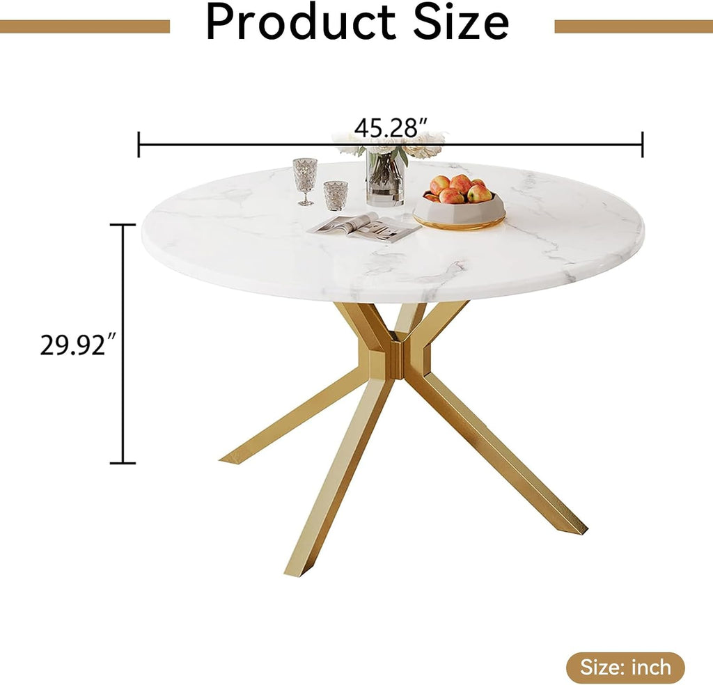 45.28' White Round Marble Dining Table, Circle Dining Room Table with Faux Marble Top & Gold Stainless Steel Leg, Modern Kitchen Table for 2 to 4 Person, Small Round Dinner Table for Dinette Breakfast