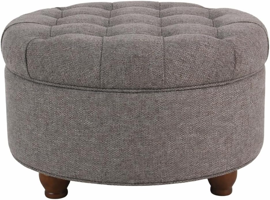 Homepop Home Decor | Button Tufted Woven Round Storage Ottoman | Ottoman with Storage for Living Room & Bedroom (Dark Gray)