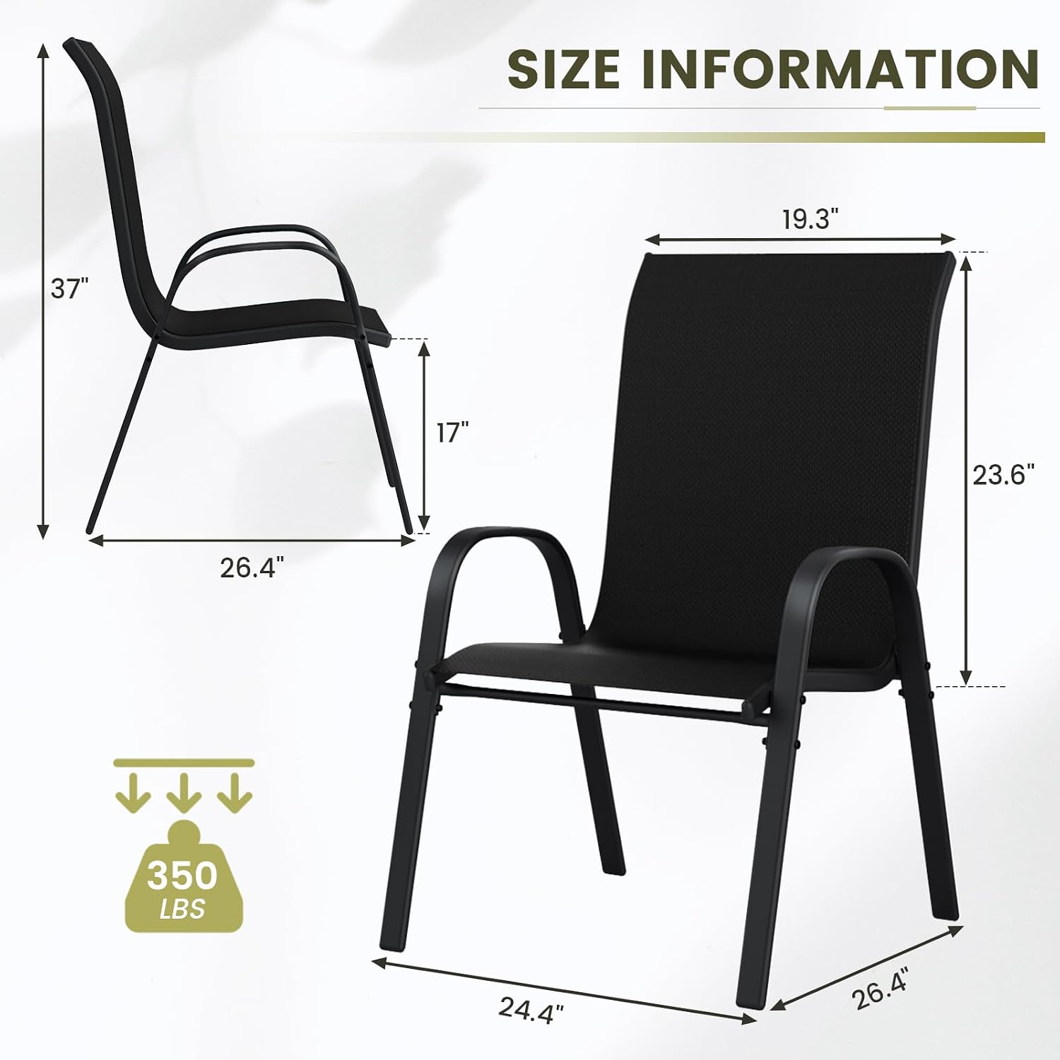 UDPATIO Patio Chairs Set of 4, Stackable Outdoor Dining Chairs with High Back, Breathable Textilene Fabric Outdoor Chair All Weather, for Garden, Backyard (Black)