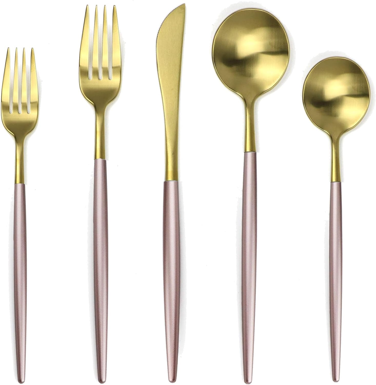 Silverware Flatware Cutlery Set, 4/16/24/32/40/48 Pieces Thick Stainless Steel Hammer Point Round Handle Cutlery Set Steak Knife, Fork and Spoon,Silver-1Set-4Pcs(Pink Gold-10Set50Pcs)