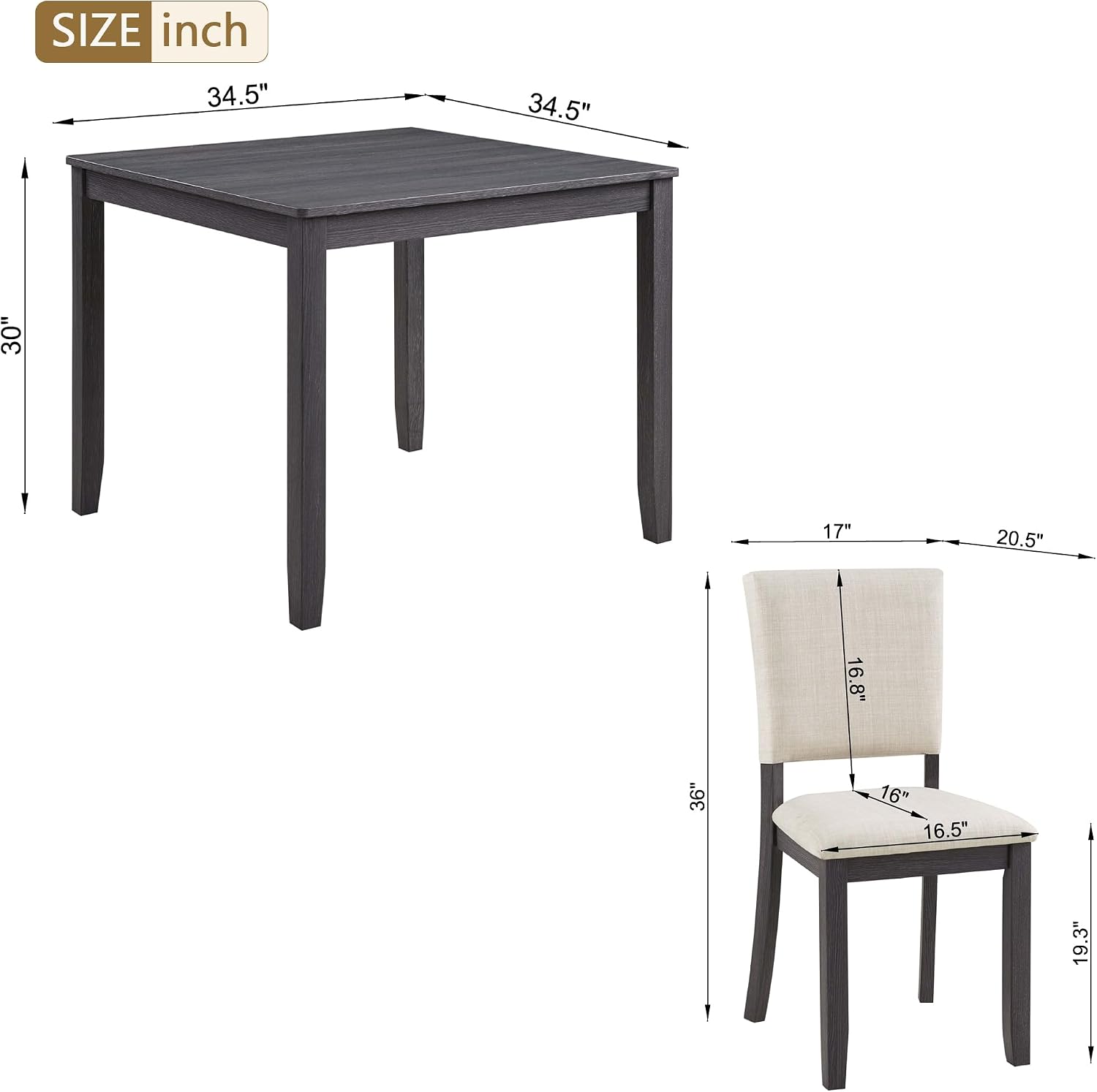 KEIKI 5-Piece Standard Height Dining Table Set with Square Table, 4 Upholstered Curved Backrest Chair, for 4 Person, Modern Style Table Set, Easy Assembly, for Kitchen, Dining Room, Black+Beige