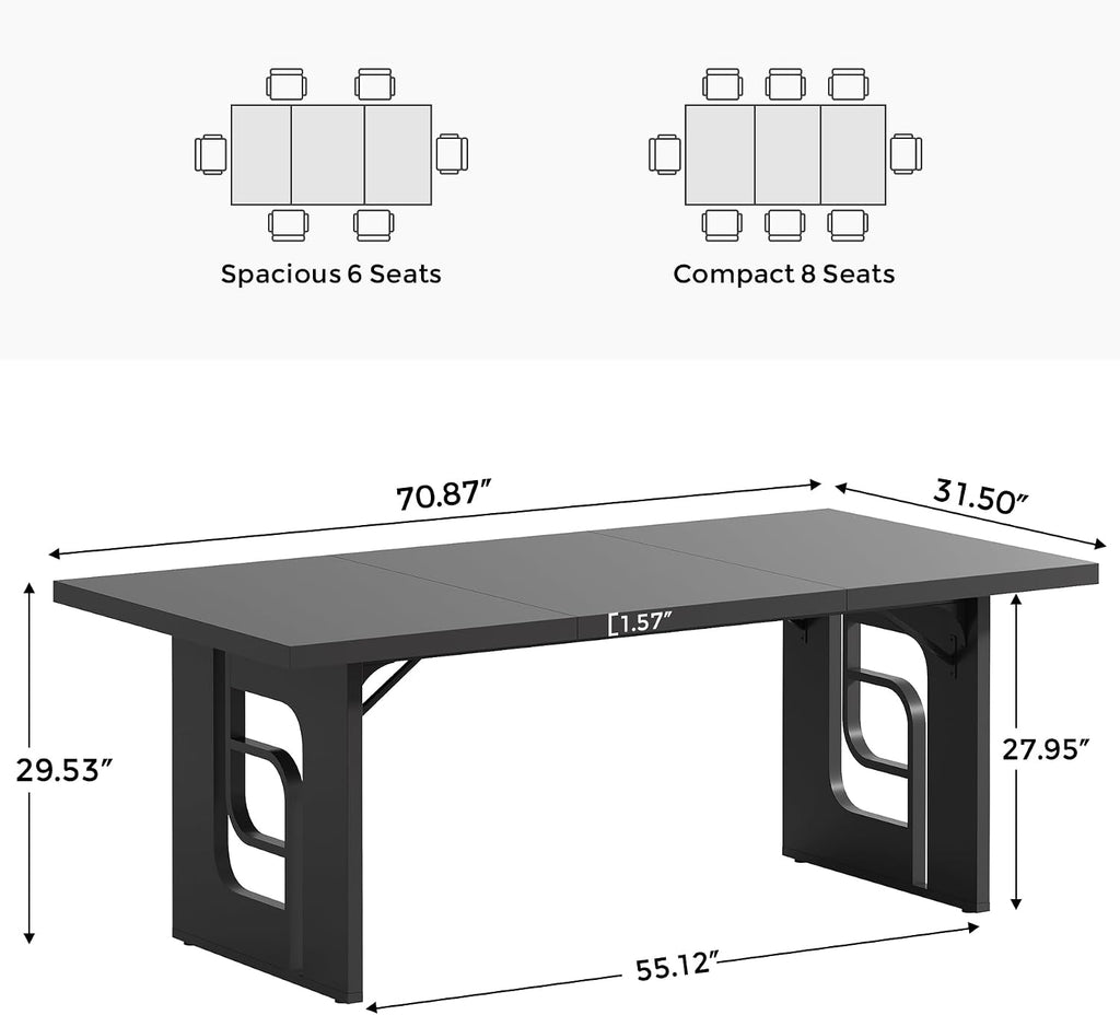 71'' Large Dining Table for 6 to 8 People, Modern Rectangular Kitchen Table, Dinner Table Furniture with Metal Legs for Dining Room, Living Room, Banquet, Home, Black
