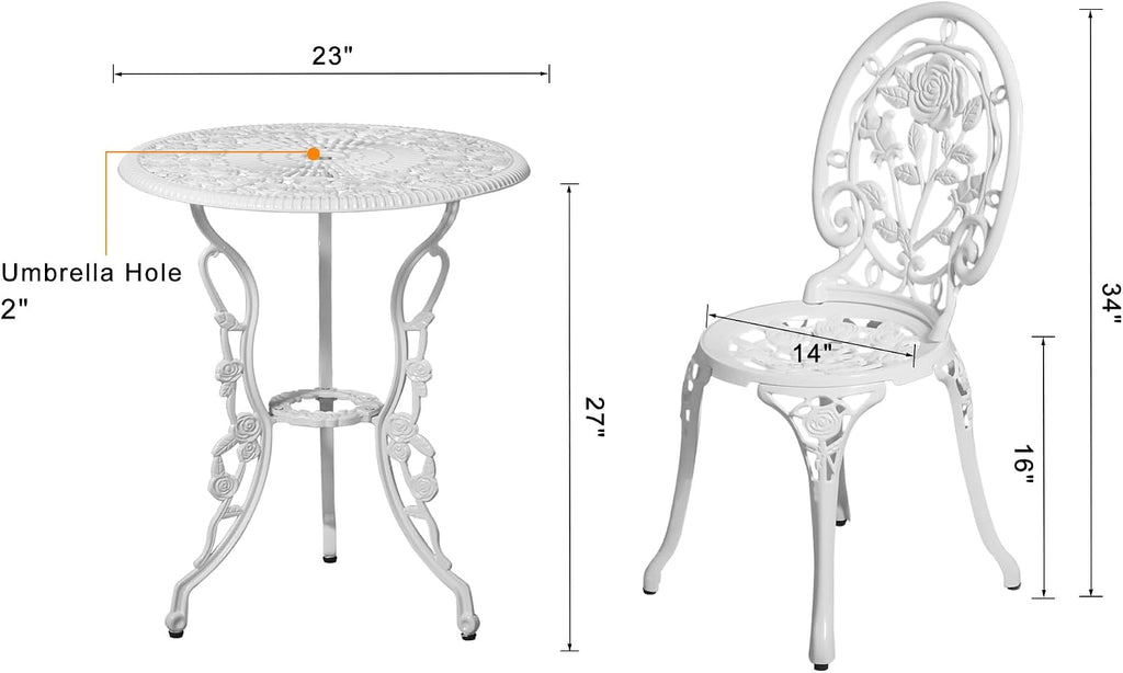 HOMEFUN Bistro Table and Chairs Set of 2 Outdoor 3 Piece Patio Set, Rose Pattern Cast Aluminum Bistro for Garden Balcony, Durable Rust All-Weather Resistance, Rose White