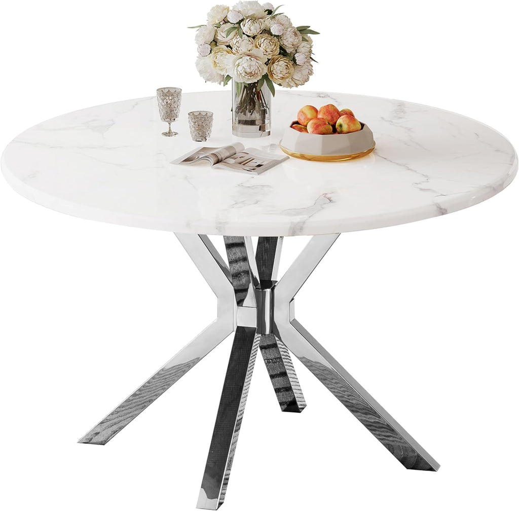 White Round Marble Dining Table with Silver Stainless Steel Leg, 45.28' Small Circle Marble Kitchen Table for 2-4 Person, Mid Century Modern Dining Table for Dining Room Kitchen Living Room