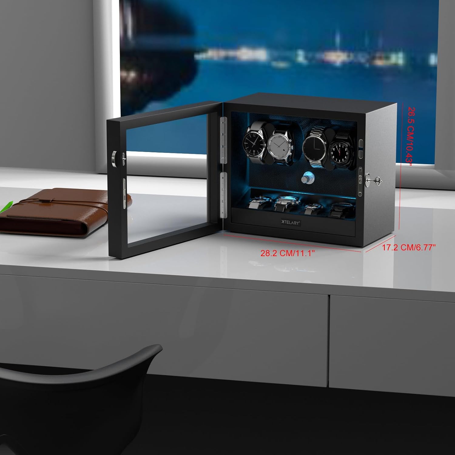 XTELARY Lockable Automatic Watch Winder - 4/6/8/12 Watch Storage, 4 Rotation Modes, Quiet Motor, Backlight