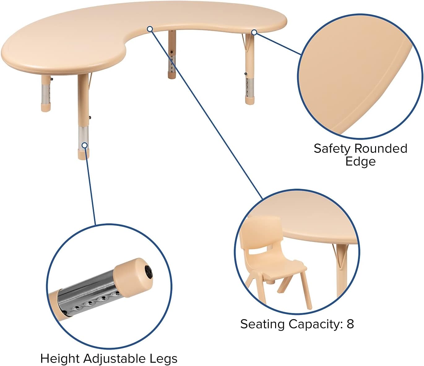 Flash Furniture 35'W x 65'L Half-Moon Natural Plastic Height Adjustable Activity Table Set with 4 Chairs