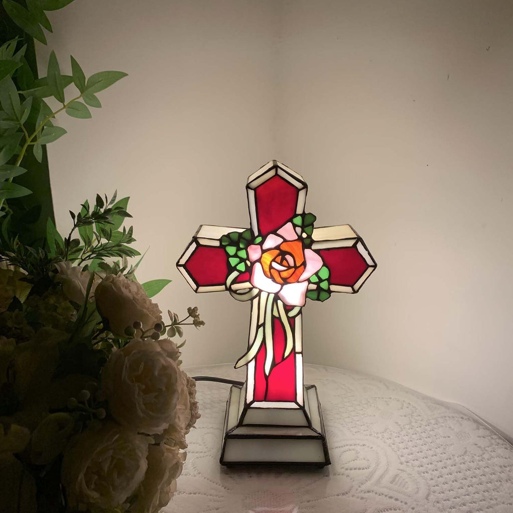 Bieye L10935 Christian Cross Tiffany Style Stained Glass Accent Table Lamp Night Light for Home Décor (Rose)