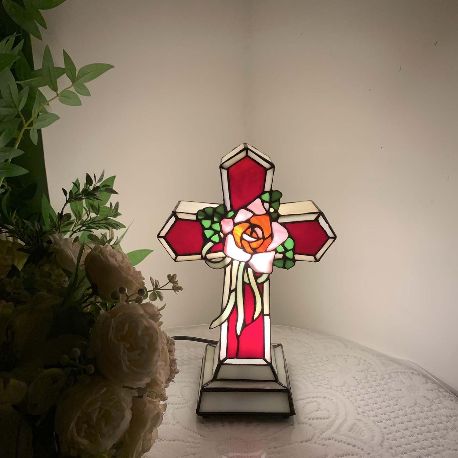 Bieye L10935 Christian Cross Tiffany Style Stained Glass Accent Table Lamp Night Light for Home Décor (Rose)