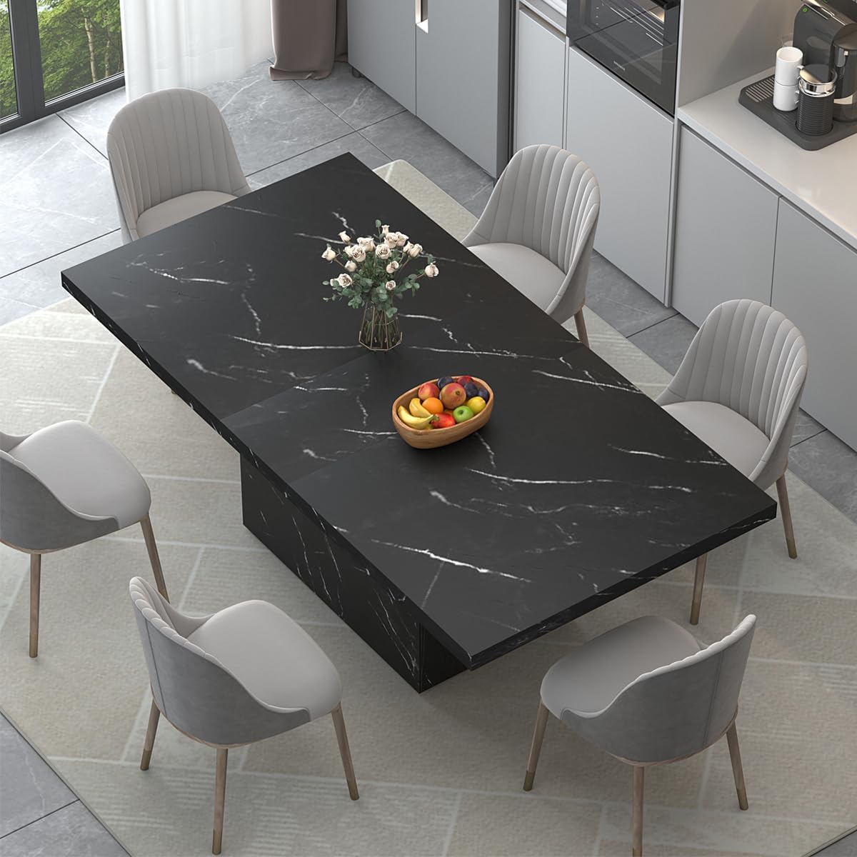 HSH 71' Black Dining Table for 6-8, Rectangle Modern Faux Marble Dinner Table, Large Dining Room Table for Kitchen Living Room, Industrial Wood Kitchen Table only with Sturdy Base, Black, 71 Inch