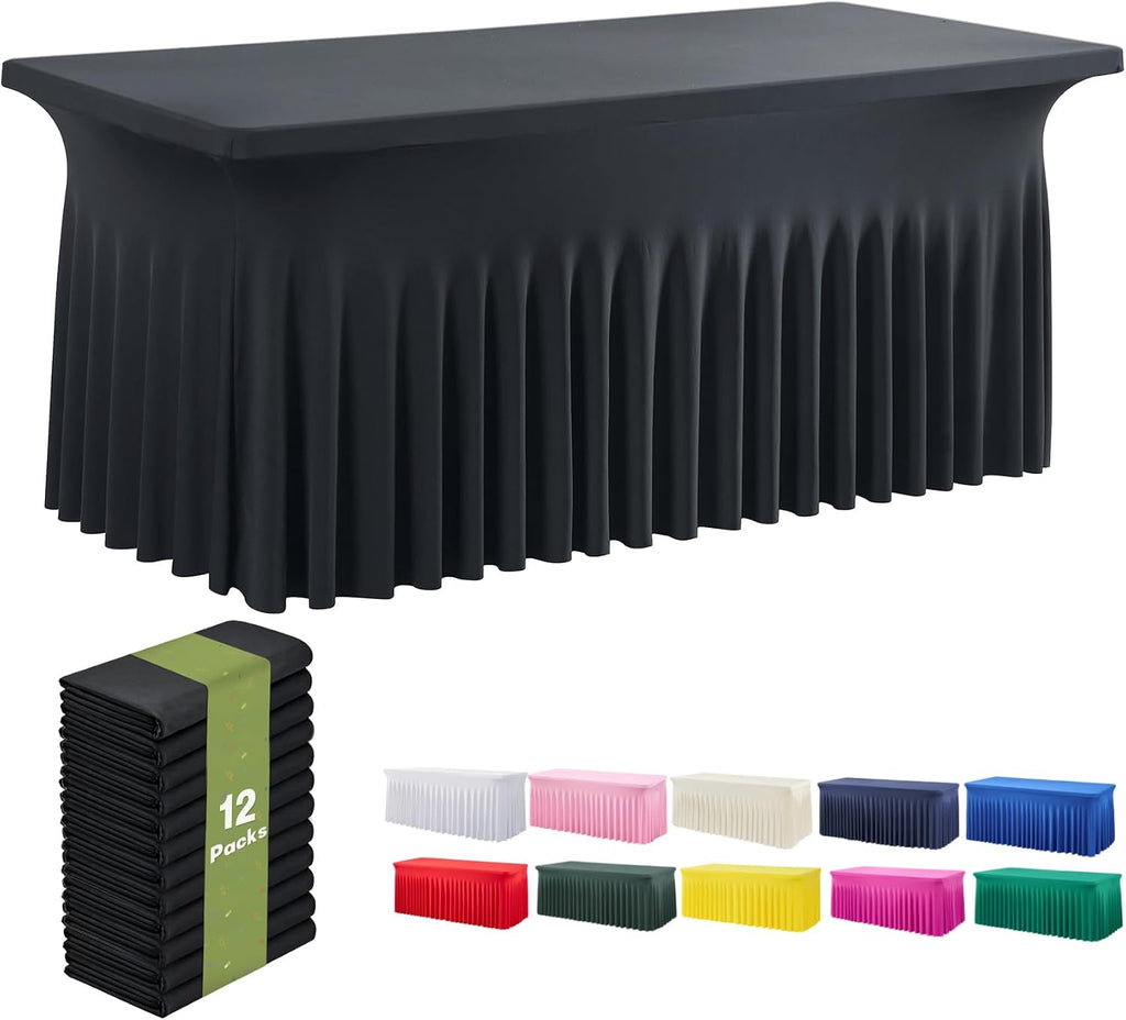 leegleri 12 Pack Black Spandex Fitted Table Clothes for 6 Foot Rectangle Tables, Wrinkle Free 6ft Spandex Table Cover with Skirt for Banquet Weddings Parties
