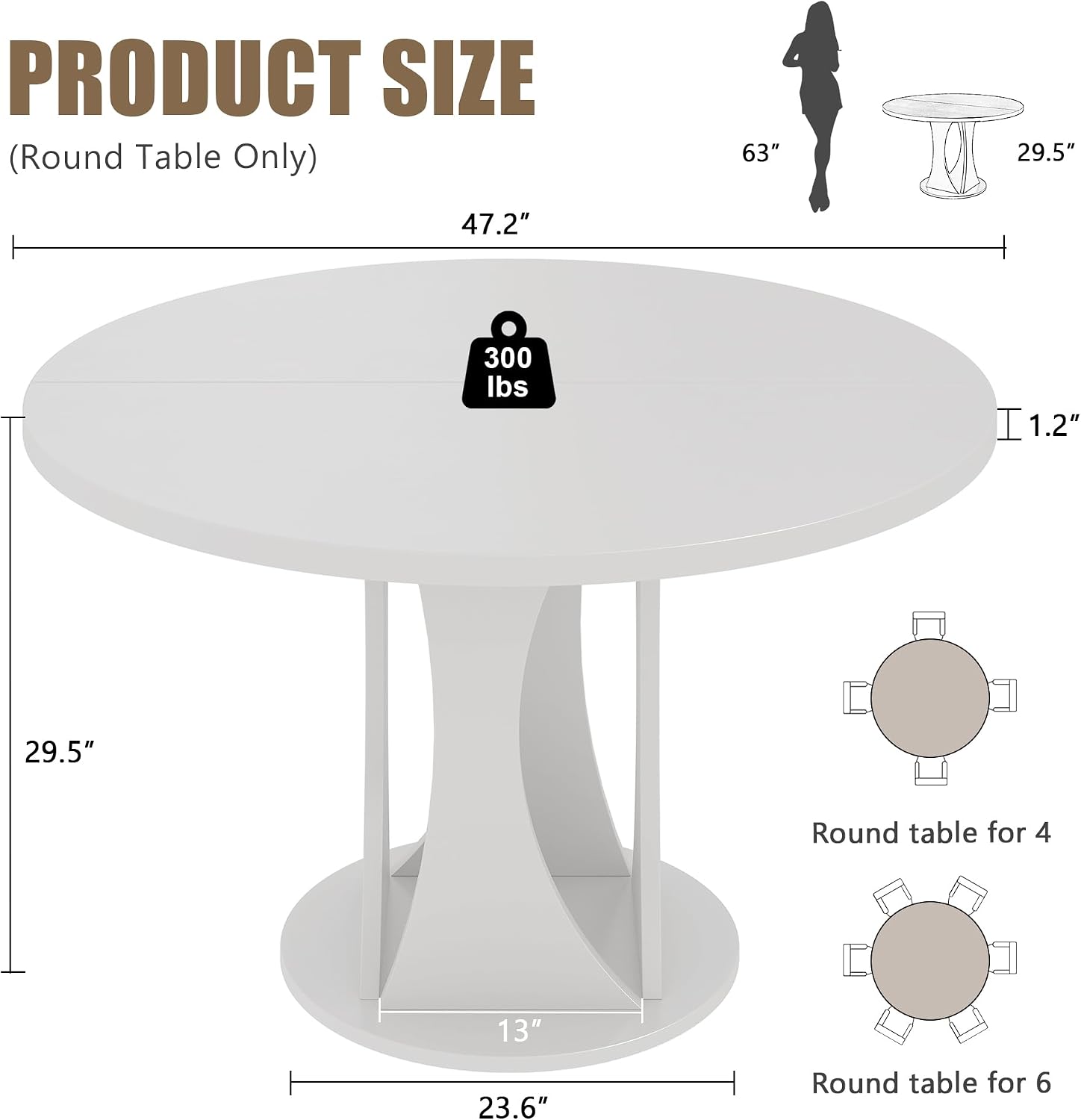 Einhomn Round Dining Table for 4-6, Kitchen Table with Sturdy Double Arc & Rounded Base & Backboard Clasp Desktop, Mid-Century Modern Circle Dinner Table for Dining Living Room, Space Saving, White