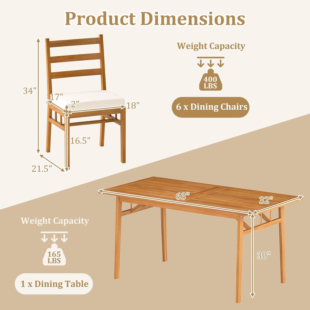 Tangkula 7 Pieces Patio Acacia Wood Dining Set, Outdoor Heavy Duty Rectangular Table with 1.97' Umbrella Hole and 6 Cushioned Chairs, for Deck, Garden and Backyard