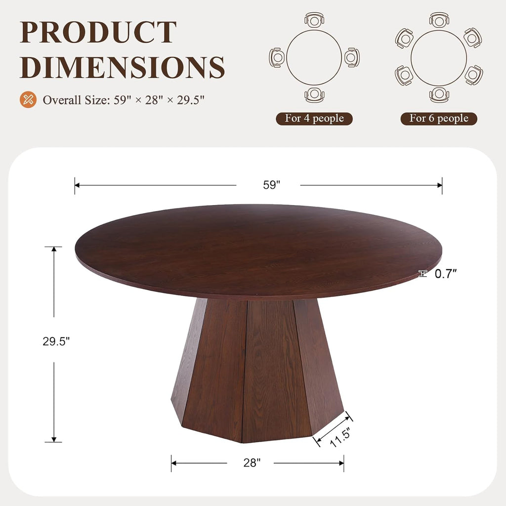 BESTANO 59' Round Dining Table for 4-6 People, Kitchen Dining Room Table with Wooden Pedestal Base, Circle Dinner Pedestal Dining Table for Dining Room (Table Only), Walnut