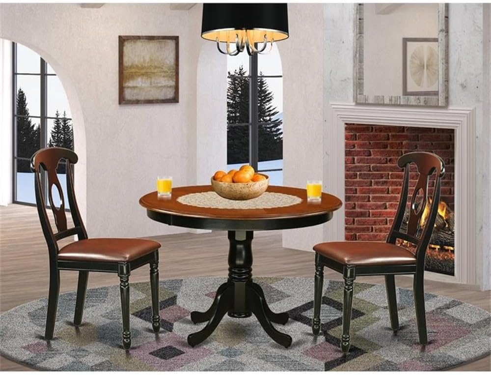 East West Furniture HLKE3-BCH-LC 3 Piece Kitchen Table & Chairs Set Contains a Round Dining Room Table with Pedestal and 2 Faux Leather Upholstered Chairs, 42x42 Inch, Black & Cherry