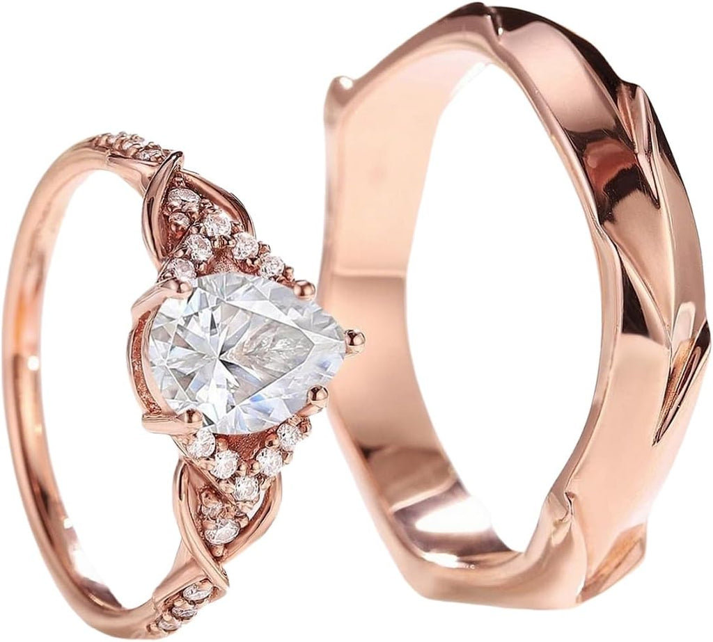 SISGEM Moissanite Couple Rings Set, 10K 14K 18K Solid Gold Moissanite Wedding Rings for Him And Her, Vintage Leaf/Branch Wedding Bands Matching Couple Rings Anniversary Jewelry Gift for Women And Men