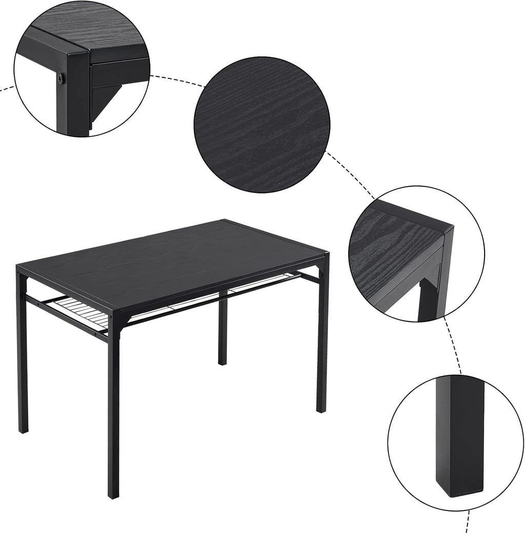 Karl home 4-Piece Dining Table Set for 4, Modern Kitchen Table Chairs Set for Small Space,Apartment, Storage Rack, Rectangular Table, Bench, 2 Chairs, Metal Frame-Retro Black