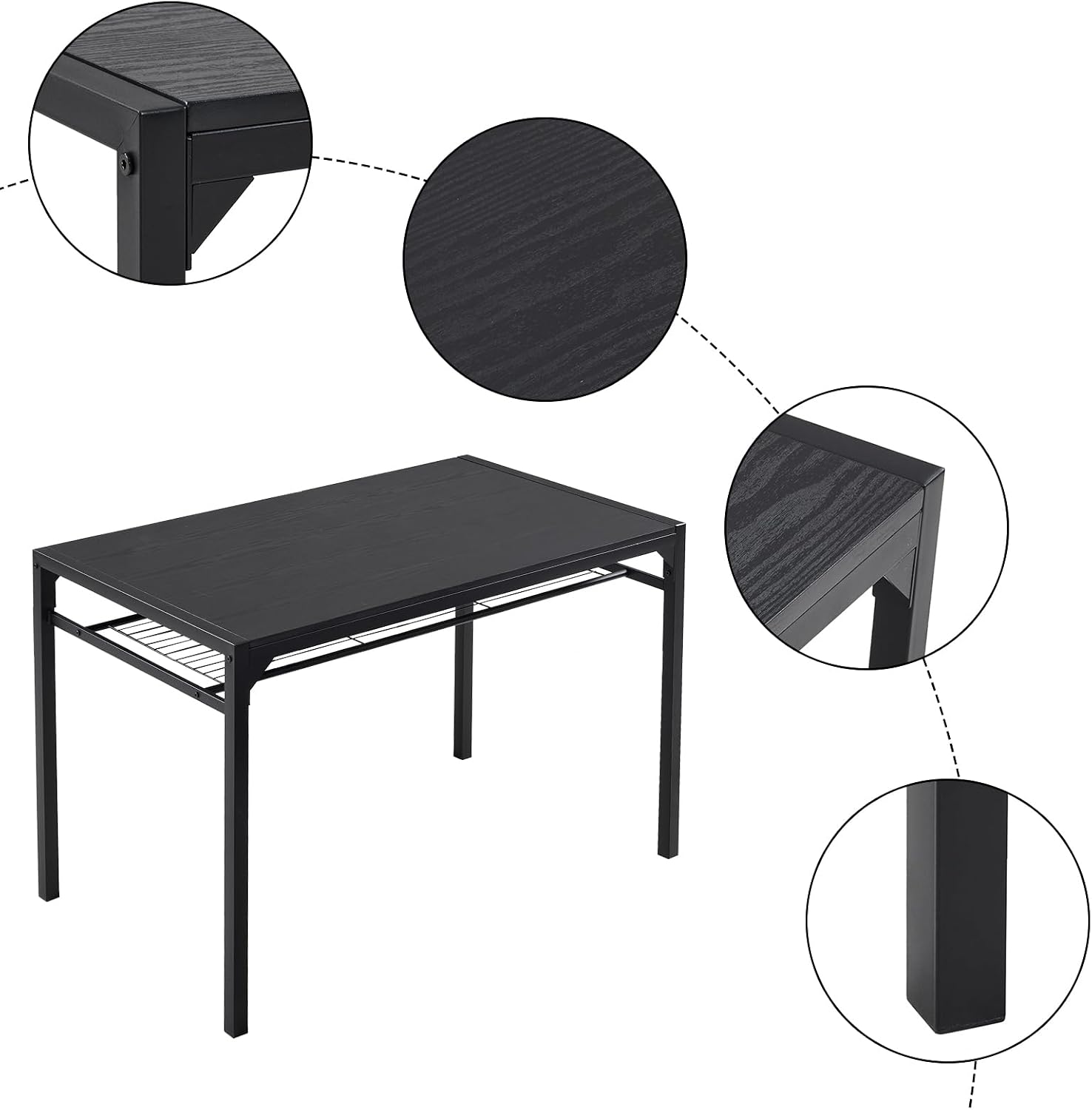 Karl home 4-Piece Dining Table Set for 4, Modern Kitchen Table Chairs Set for Small Space,Apartment, Storage Rack, Rectangular Table, Bench, 2 Chairs, Metal Frame-Retro Black