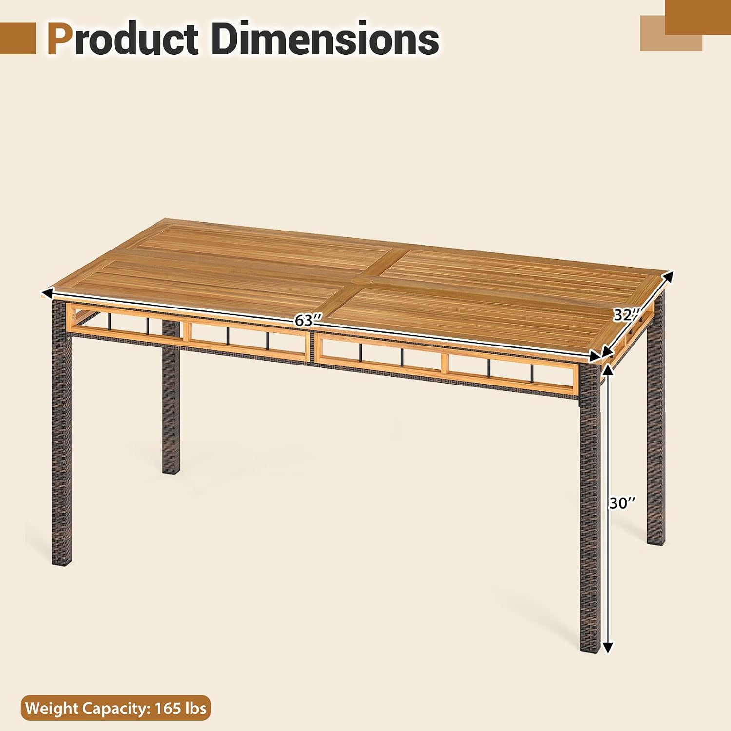 HAPPYGRILL Acacia Wood Outdoor Dining Table 63', 4-6 Person Rectangular Metal Patio Table with Umbrella Hole and Rattan Legs, Slatted Outdoor Furniture for Garden, Poolside, Backyard and Deck
