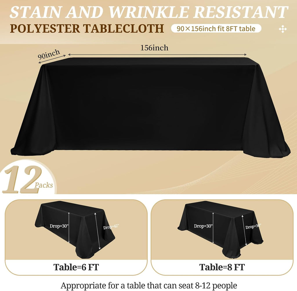 12 Pack Black Tablecloths for 8ft Rectangle Tables 90 x 156 Inch - Polyester Table Cover Stain and Wrinkle Resistant Washable Fabric Table Clothes for Wedding Party Banquet Reception Restaurant