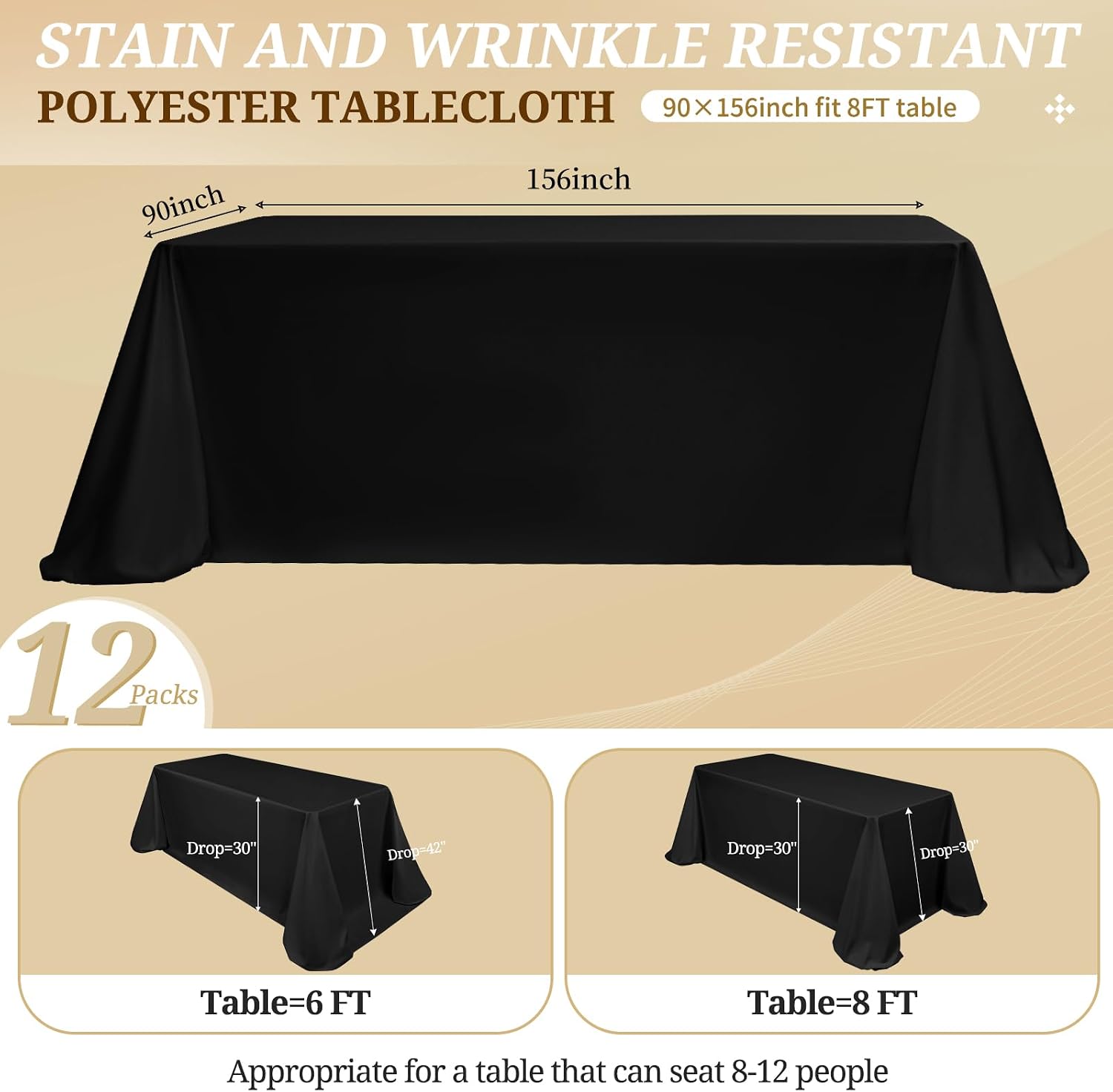 12 Pack Black Tablecloths for 8ft Rectangle Tables 90 x 156 Inch - Polyester Table Cover Stain and Wrinkle Resistant Washable Fabric Table Clothes for Wedding Party Banquet Reception Restaurant