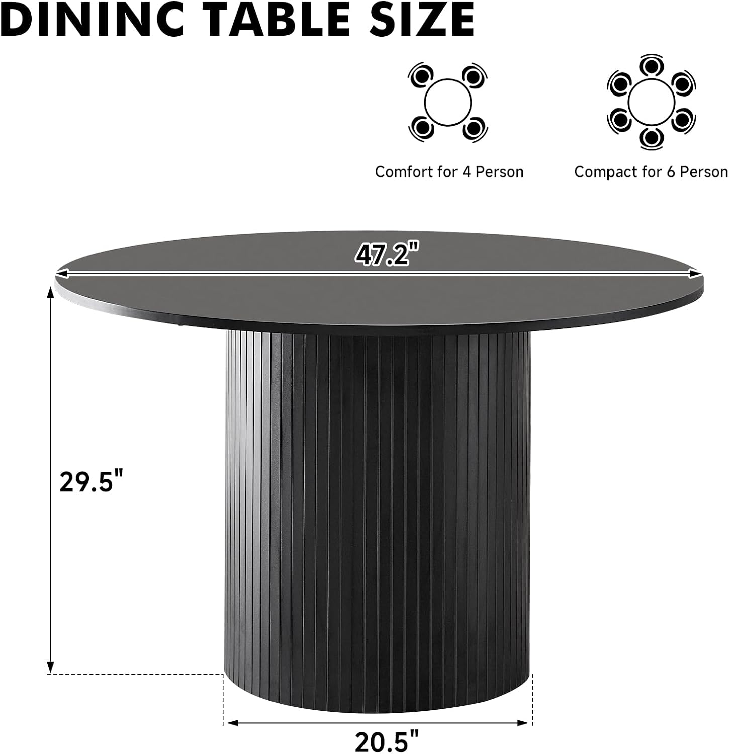 47' Round Dining Table for 4, Black Modern Kitchen Table Circle Pedestal Dinner Table, φ47.2 x H 29.5'