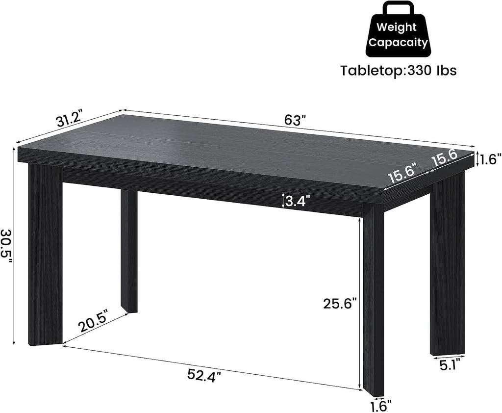 Bigbiglife 63 Inch Dining Table for 6, Indoor Outdoor Dining Table with Wood Legs, Kitchen Table with Large Tabletop, Rectangular Dinner Table for Dining Room, Living Room, Kitchen, Black