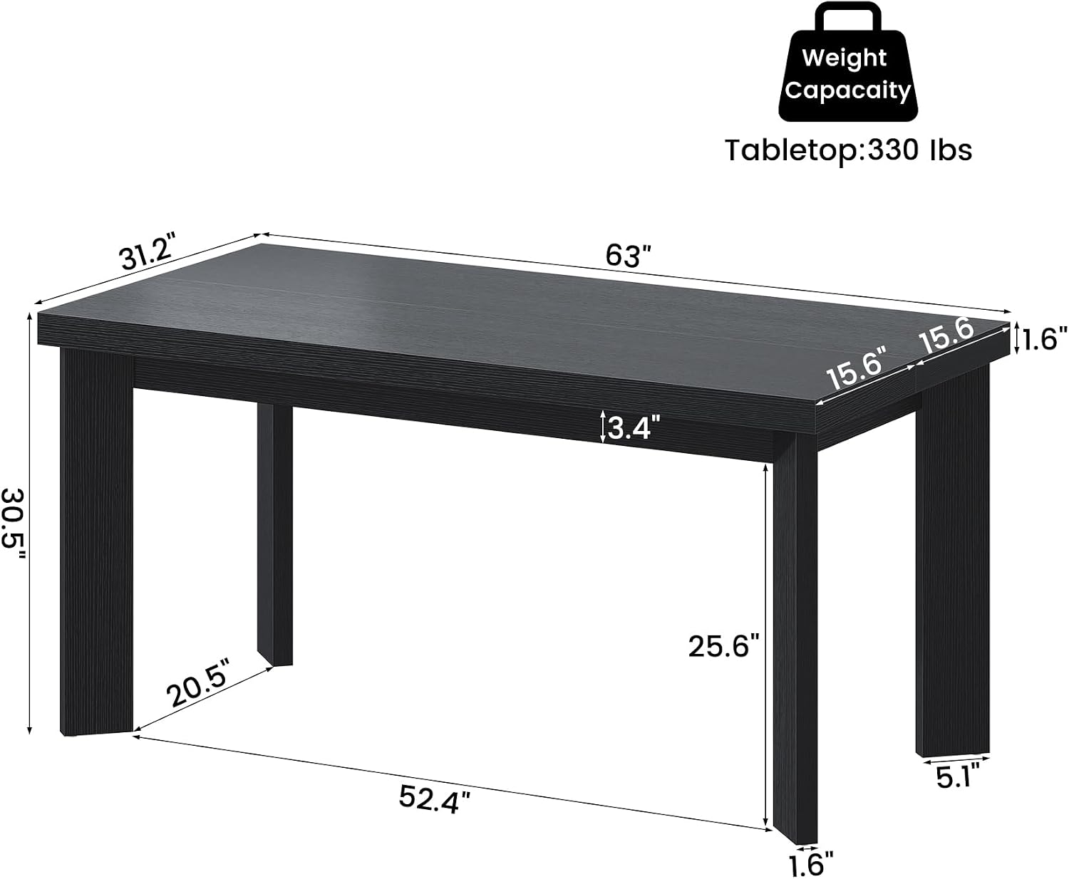 Bigbiglife 63 Inch Dining Table for 6, Indoor Outdoor Dining Table with Wood Legs, Kitchen Table with Large Tabletop, Rectangular Dinner Table for Dining Room, Living Room, Kitchen, Black
