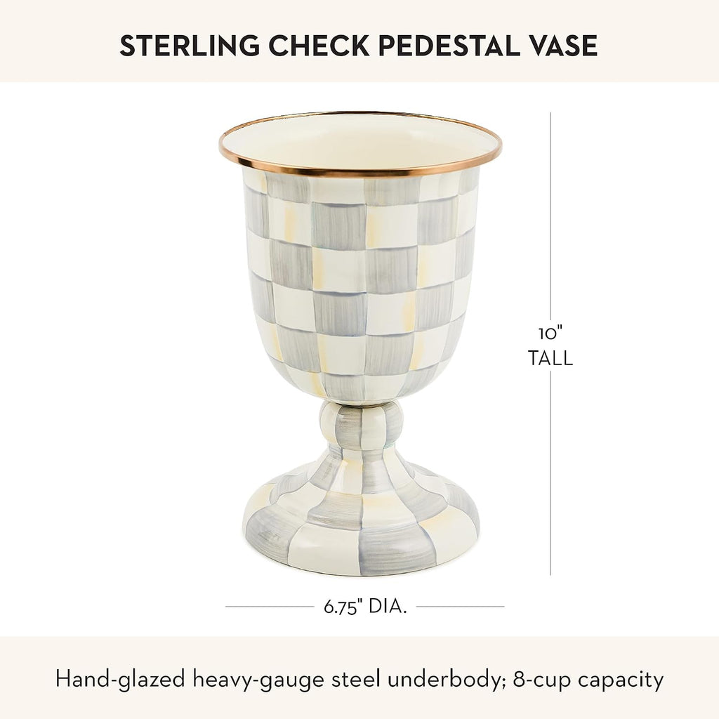 MACKENZIE-CHILDS Pedestal Vase, Decorative Centerpiece and Flower Holder, Gray-and-White Sterling Check