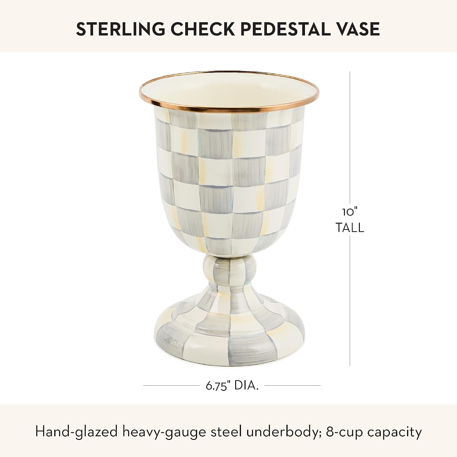 MACKENZIE-CHILDS Pedestal Vase, Decorative Centerpiece and Flower Holder, Gray-and-White Sterling Check