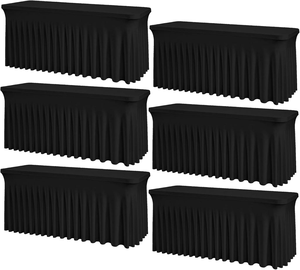 6 Pack Black Rectangle Tablecloth 72 Inch with Elastic Skirt - Wrinkle-Resistant Spandex Fitted 6FT Tables, Stretchable Table Cover for Wedding Banquet Birthday Party Buffet Restaurant