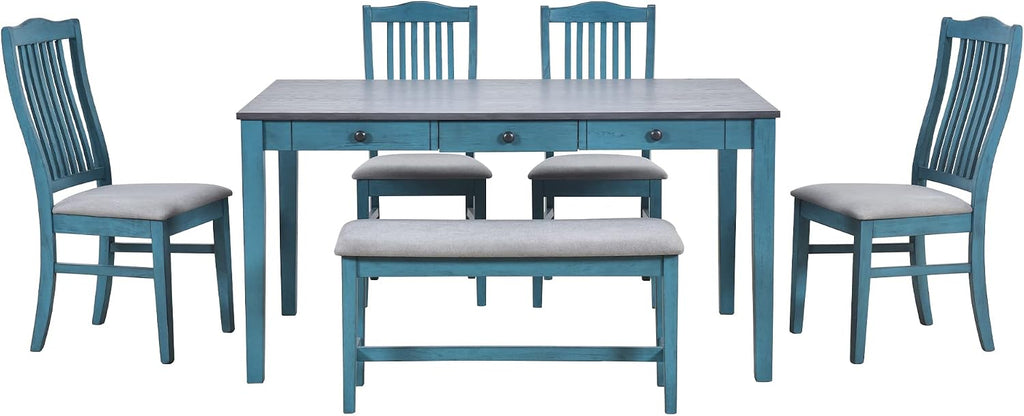 LUMISOL 6-Piece Solid Wood Dining Table Set, Farmhouse Kitchen Table Set with 4 Upholstered Chairs, Bench and Storage Drawers for Kitchen, Dining Room, Living Room, Antique Blue
