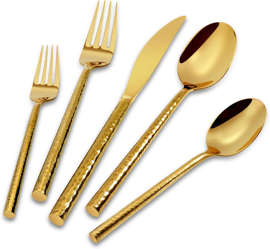 Gold Silverware 18/10 Stainless Steel 40-Piece Mirror Polsihing Flatware Round Hammered Cutlery Set Service for 8