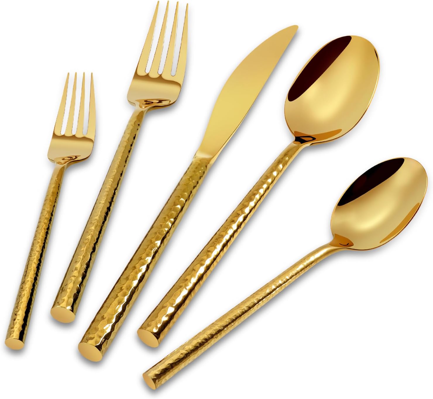 Gold Silverware 18/10 Stainless Steel 40-Piece Mirror Polsihing Flatware Round Hammered Cutlery Set Service for 8