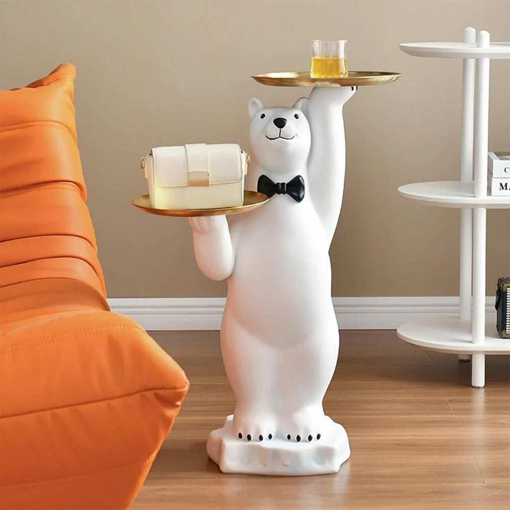 homary White Bear Side Table with 2-Tier Gold Trays, Modern Animal Sculpture End Table, Decorative Accent Table for Living Room, Bedroom, Nursery & Home Décor