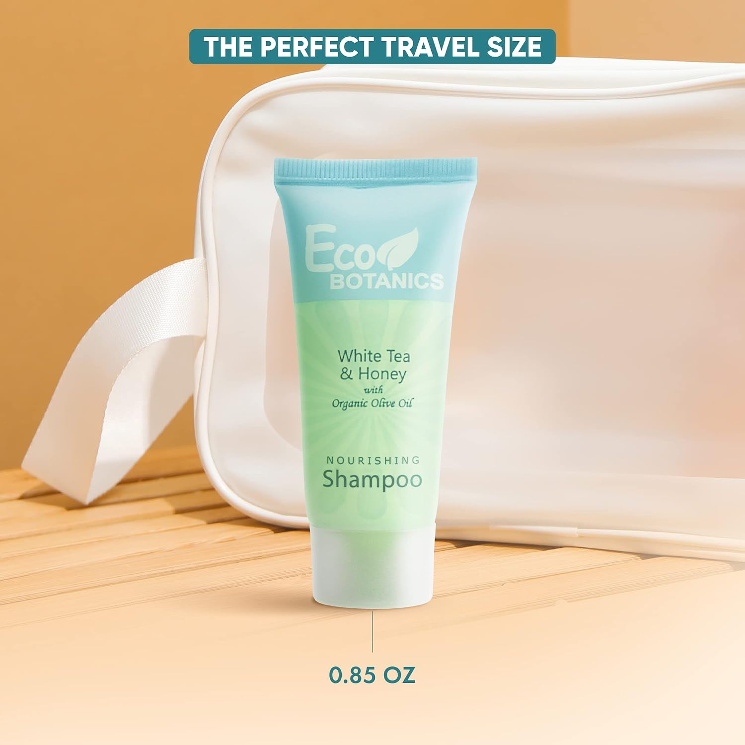 Eco Botanics Travel Size Hotel Shampoo 300 Count 0.85 oz Bottles Guest Amenities for Vacation Rentals and Short Term Rentals Paraben Free White Tea Scent Infused with Aloe Honey and Olive Oil