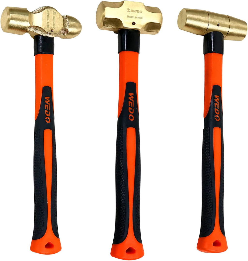 WEDO 3PCS Hammer Set,4lb Sledge Hammer,2lb Ball Pein Hammer,2lb Drum Type Hammer,Brass,Fiberglass Handle,Die-Forge,Corrosion Resistant