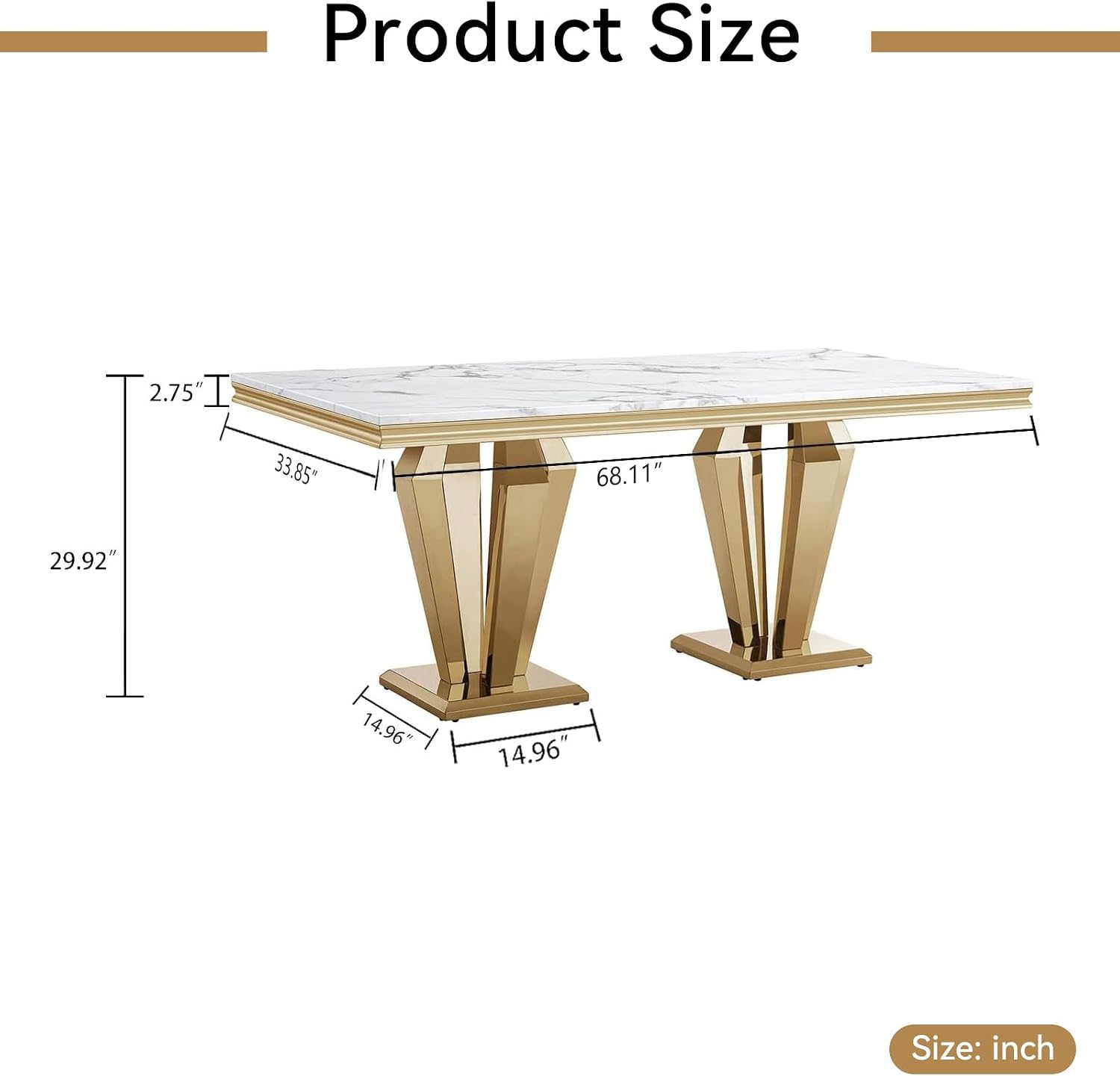 68' White Marble Dining Table for 6-8, Mid Century Modern Dining Table with Faux Marble Top & Gold Mirrored Dimaond Shape Stainless Steel Base, Luxury Rectangular Dinner Table for Kitchen Dining Room