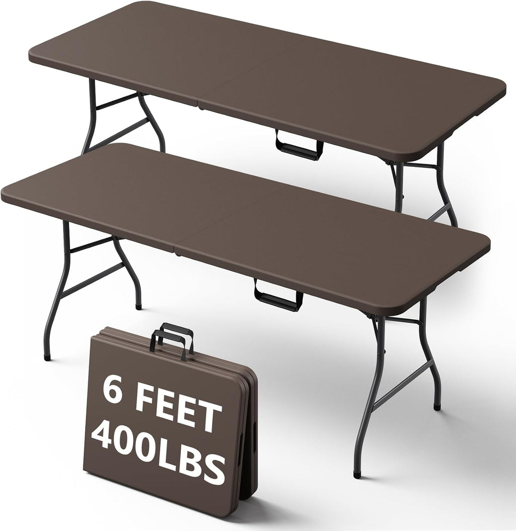 6FT Folding Table, Heavy Duty Plastic Fold-in-Half Utility Table with Handle, Portable Camping Picnic Table with Steel Legs for Indoor Outdoor Party, Dining, Brown,2 Pack